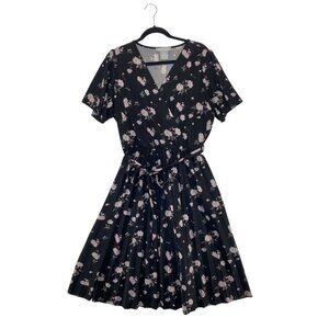 Lark + Grey Midi Dress Womens 2XL Black Pink Floral Short Sleeve Pleated Belted